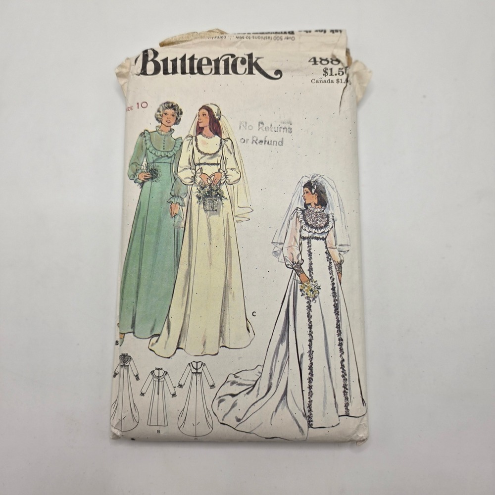 Butterick 4887 Sewing Pattern Bridal Bridesmaid Gown Train Veil 70s Vintage Sz10
